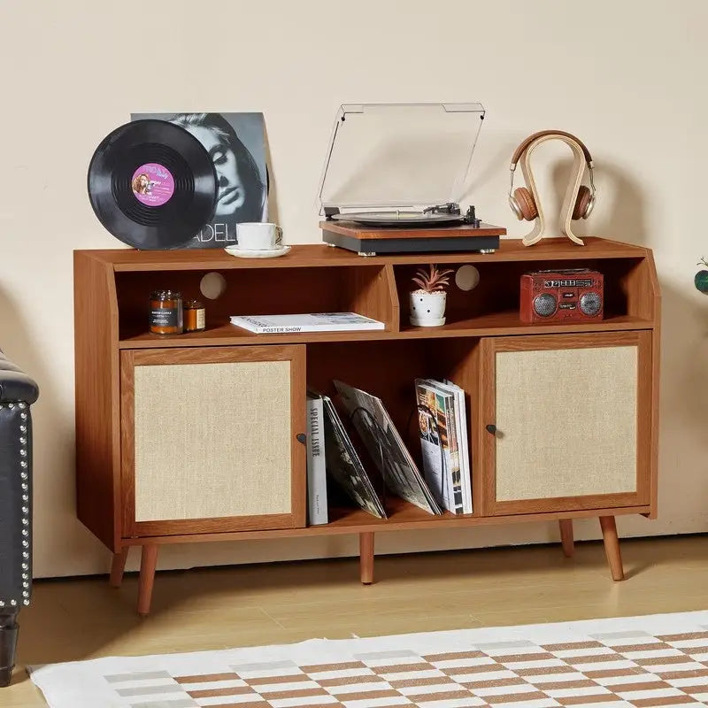 Meuble d'appoint pour tourne-disque rétro couleur bois et noyer brun avec rangement, 123 cm (L) x 40 cm (P) x 75 cm (H)