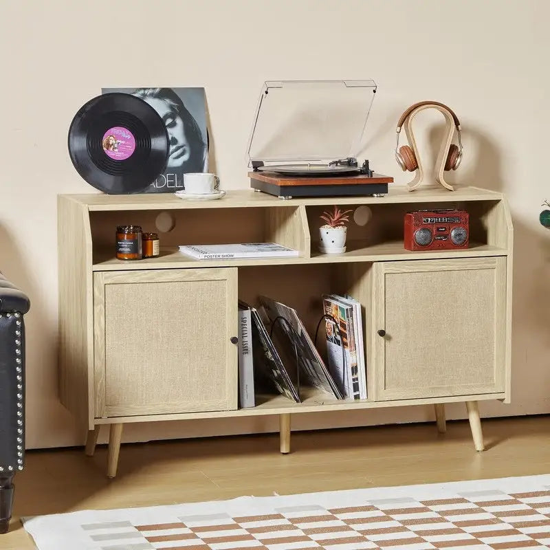 Meuble d'appoint pour tourne-disque rétro couleur bois et noyer brun avec rangement, 123 cm (L) x 40 cm (P) x 75 cm (H)