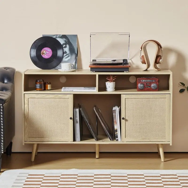 Meuble d'appoint pour tourne-disque rétro couleur bois et noyer brun avec rangement, 123 cm (L) x 40 cm (P) x 75 cm (H)