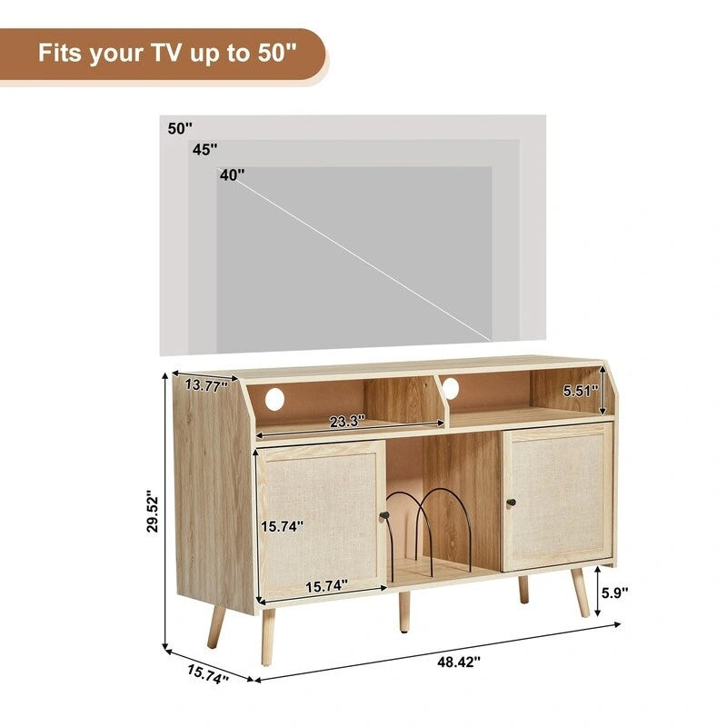 Meuble d'appoint pour tourne-disque rétro couleur bois et noyer brun avec rangement, 123 cm (L) x 40 cm (P) x 75 cm (H)
