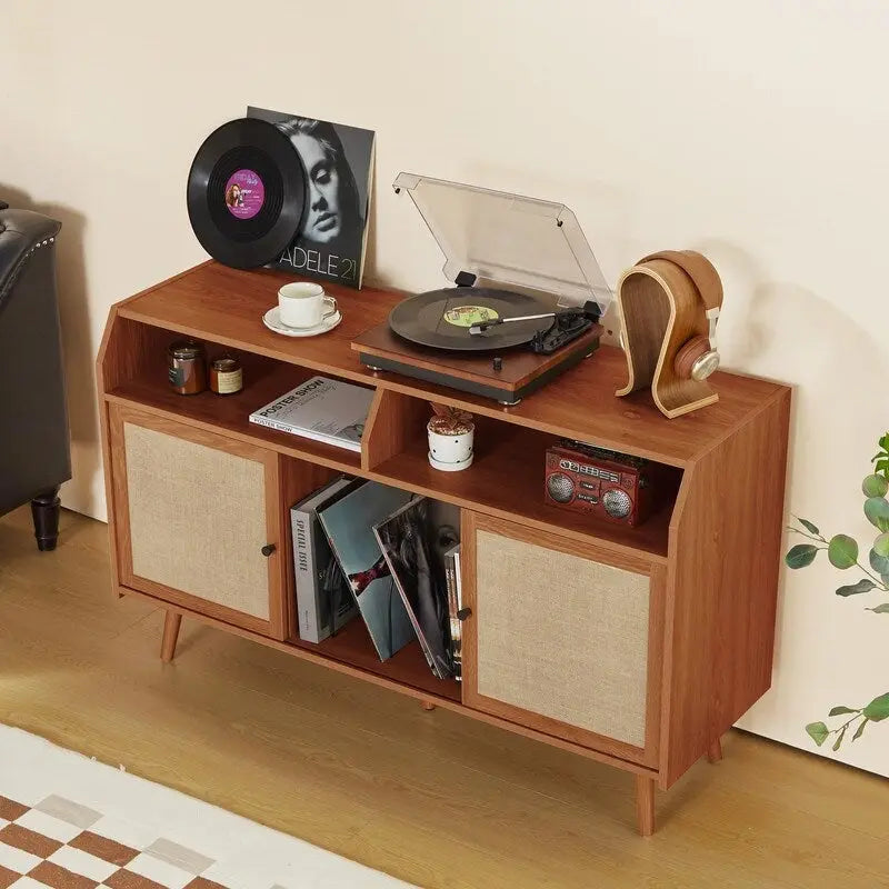 Meuble d'appoint pour tourne-disque rétro couleur bois et noyer brun avec rangement, 123 cm (L) x 40 cm (P) x 75 cm (H)