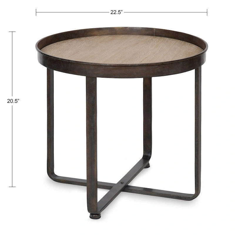 Bout de canapé rond avec plateau en métal, Bronze / Chêne, 1 place