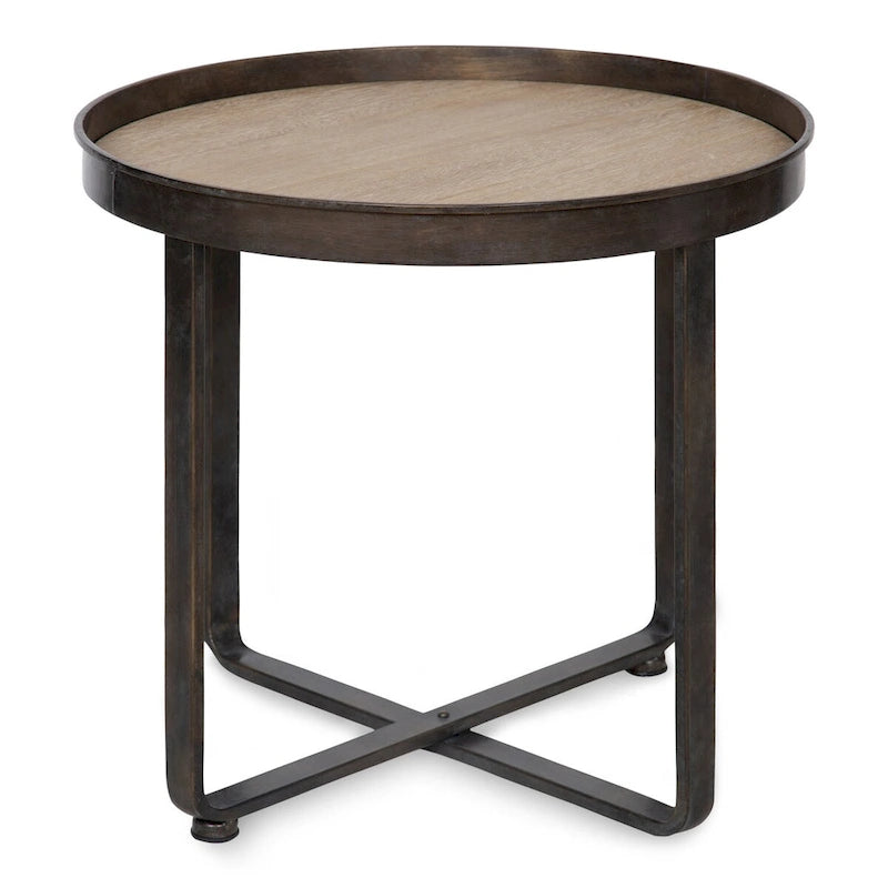 Bout de canapé rond avec plateau en métal, Bronze / Chêne, 1 place