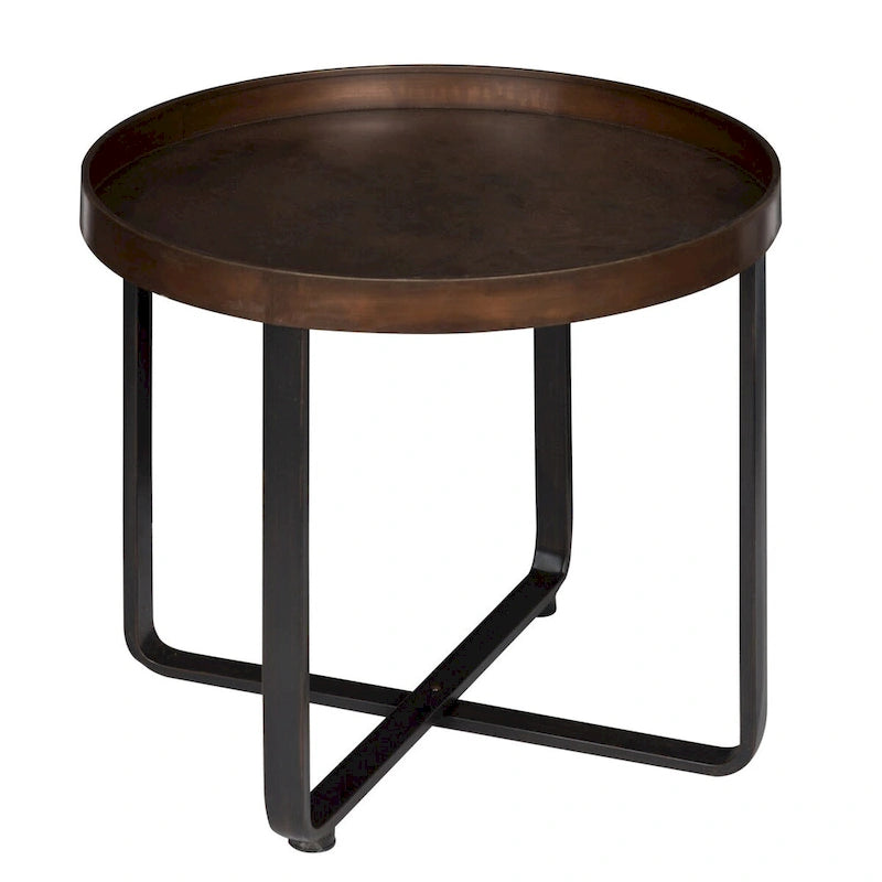 Bout de canapé rond avec plateau en métal, Bronze / Chêne, 1 place
