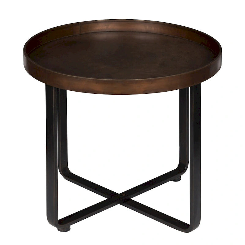 Bout de canapé rond avec plateau en métal, Bronze / Chêne, 1 place