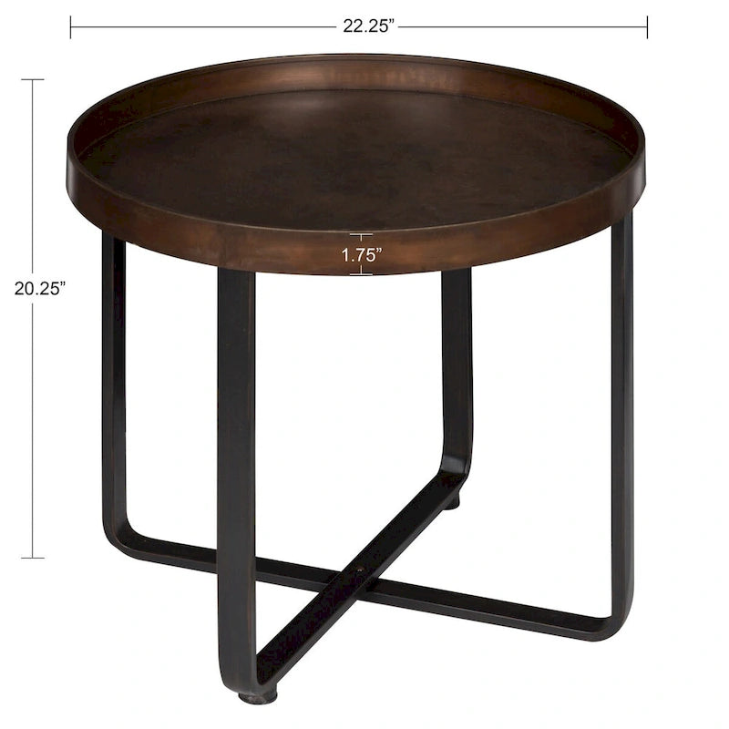 Bout de canapé rond avec plateau en métal, Bronze / Chêne, 1 place
