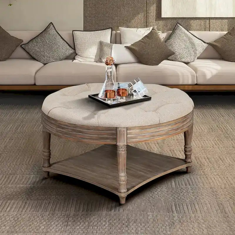 Pouffe de rangement rond capitonné beige, 1 place, 80 cm de diamètre