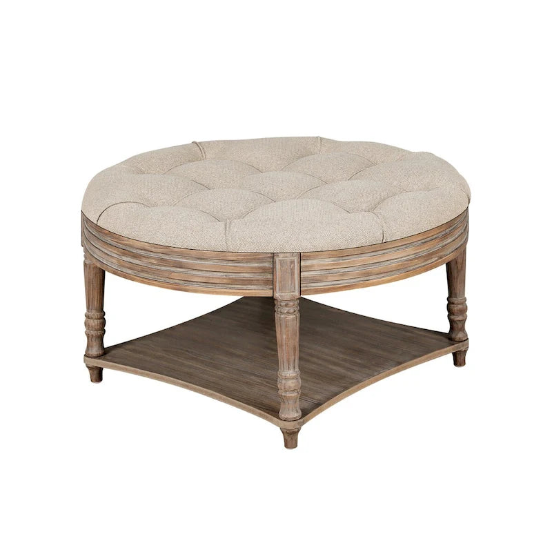 Pouffe de rangement rond capitonné beige, 1 place, 80 cm de diamètre