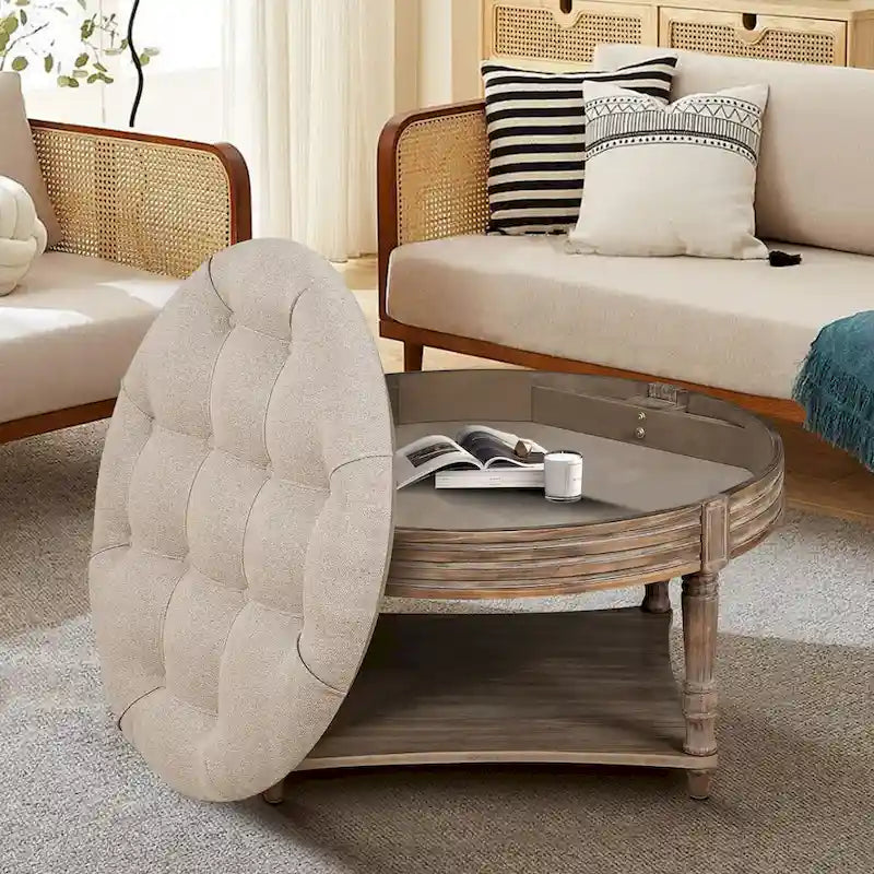 Pouffe de rangement rond capitonné beige, 1 place, 80 cm de diamètre