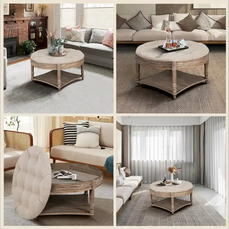 Pouffe de rangement rond capitonné beige, 1 place, 80 cm de diamètre