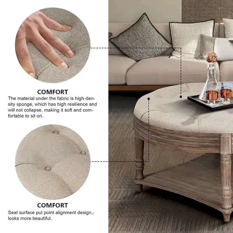 Pouffe de rangement rond capitonné beige, 1 place, 80 cm de diamètre