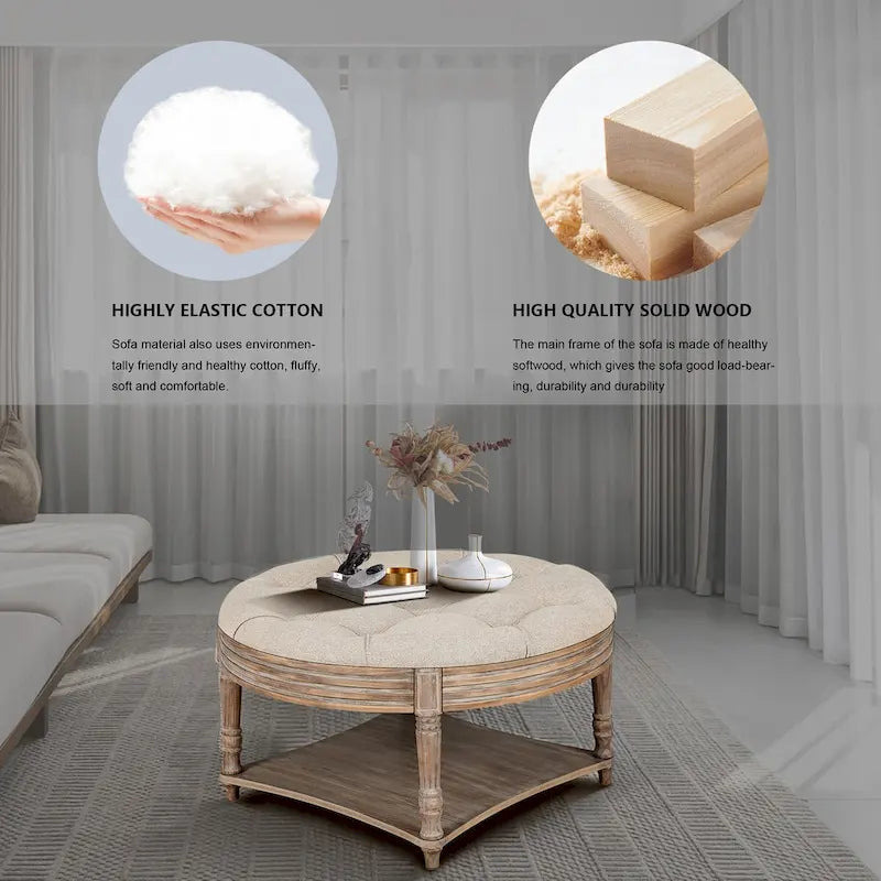 Pouffe de rangement rond capitonné beige, 1 place, 80 cm de diamètre