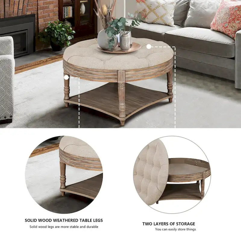 Pouffe de rangement rond capitonné beige, 1 place, 80 cm de diamètre