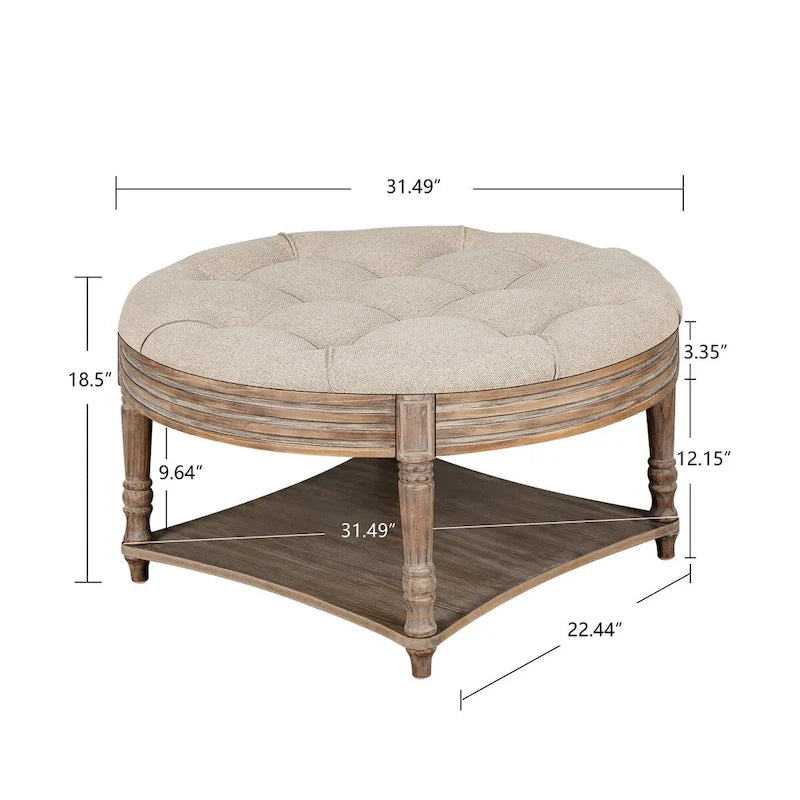 Pouffe de rangement rond capitonné beige, 1 place, 80 cm de diamètre