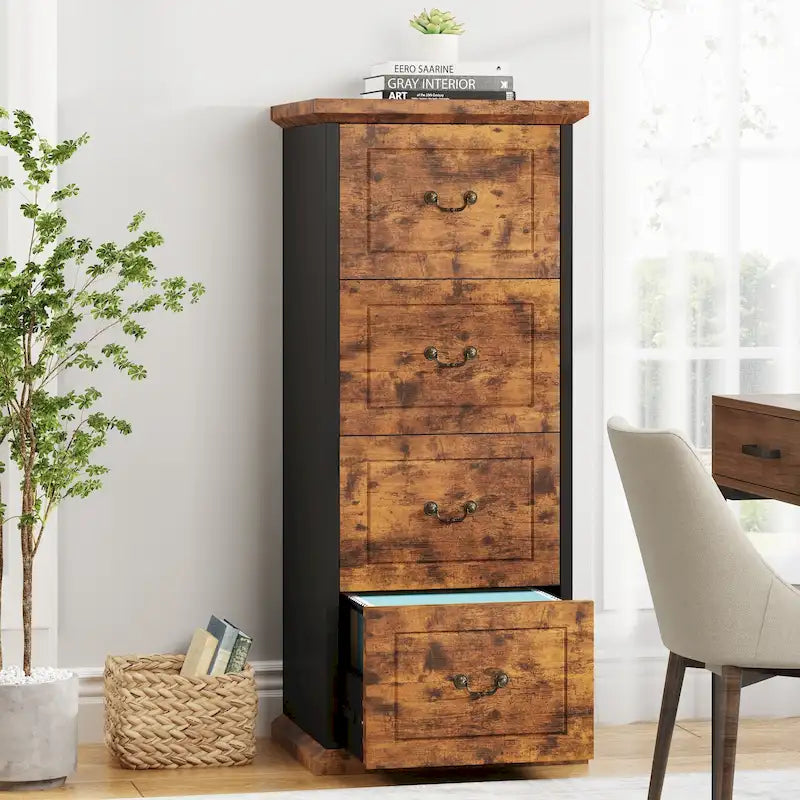 Classeur vertical 4 tiroirs en bois, 130 cm de haut, format A4 et Lettre, 1 personne