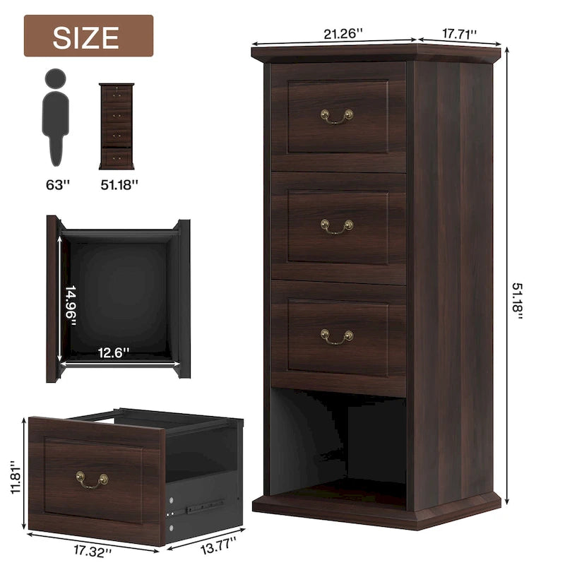 Classeur vertical 4 tiroirs en bois, 130 cm de haut, format A4 et Lettre, 1 personne