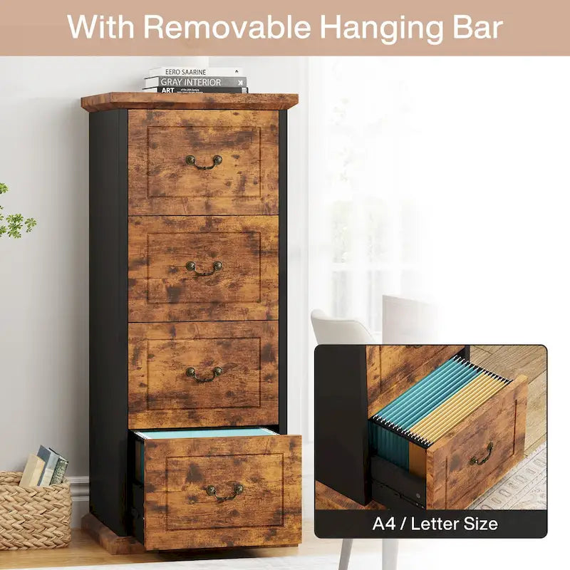 Classeur vertical 4 tiroirs en bois, 130 cm de haut, format A4 et Lettre, 1 personne