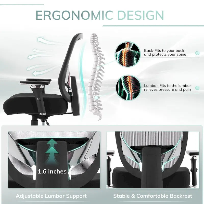 Chaise de bureau ergonomique en similicuir noir, pivotante, pour 1 personne, capacité de 227 kg