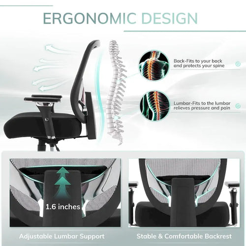 Chaise de bureau ergonomique en similicuir noir, pivotante, pour 1 personne, capacité de 227 kg