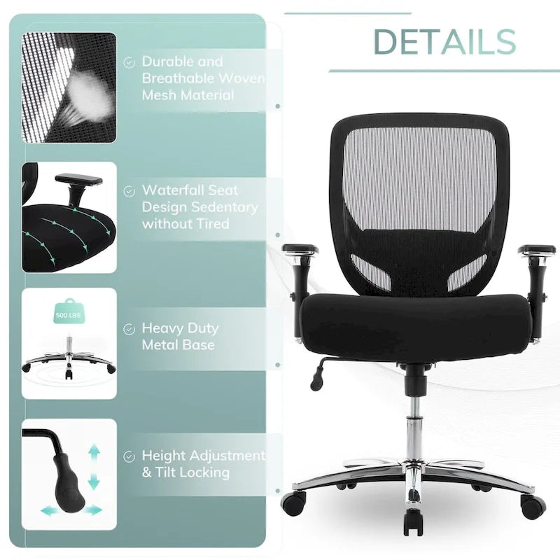 Chaise de bureau ergonomique en similicuir noir, pivotante, pour 1 personne, capacité de 227 kg
