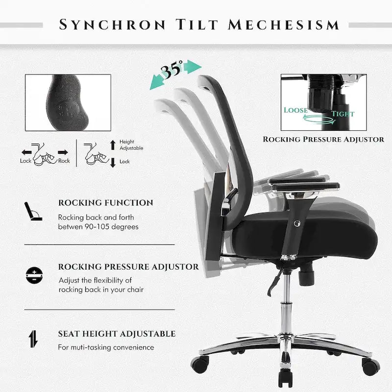Chaise de bureau ergonomique en similicuir noir, pivotante, pour 1 personne, capacité de 227 kg