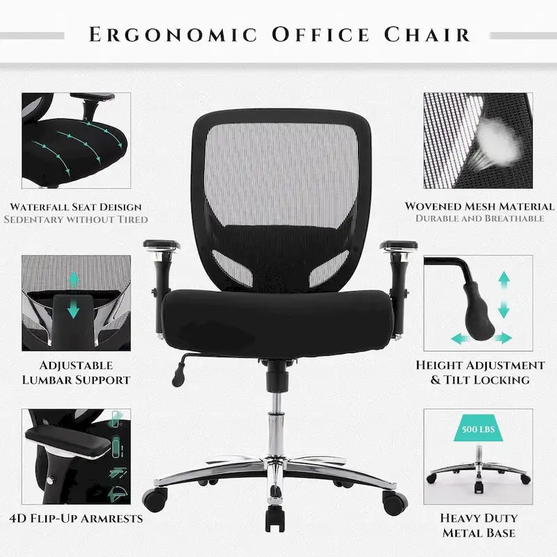 Chaise de bureau ergonomique en similicuir noir, pivotante, pour 1 personne, capacité de 227 kg