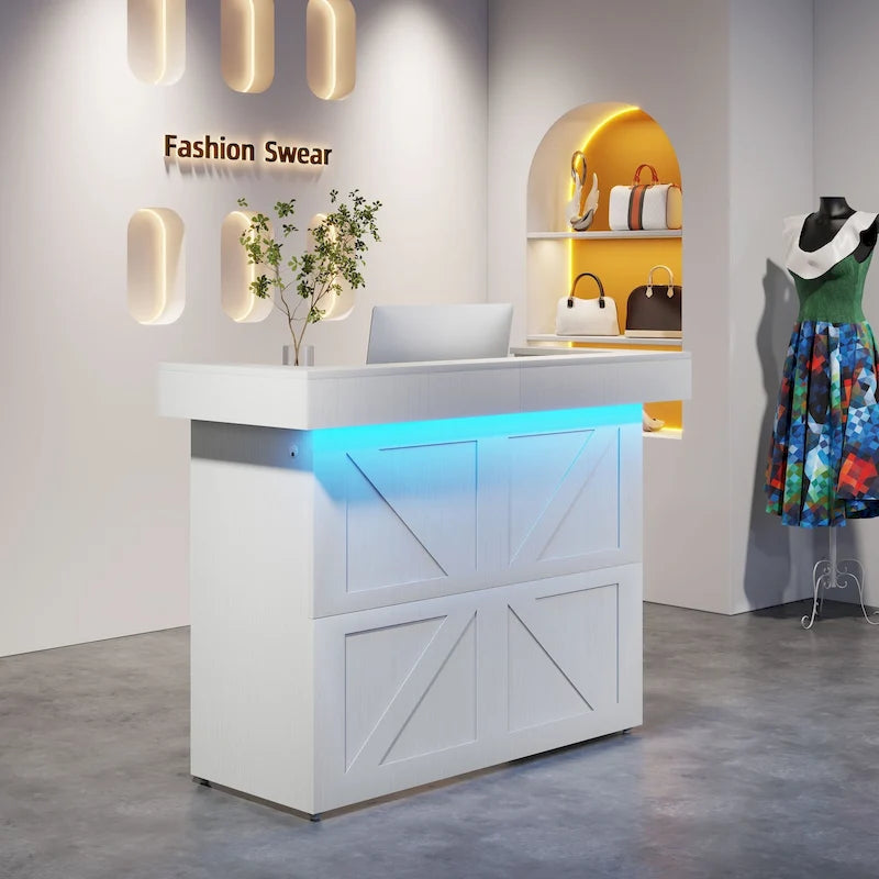 Comptoir d'accueil blanc moderne avec lumière LED et 2 passe-câbles, 1 personne