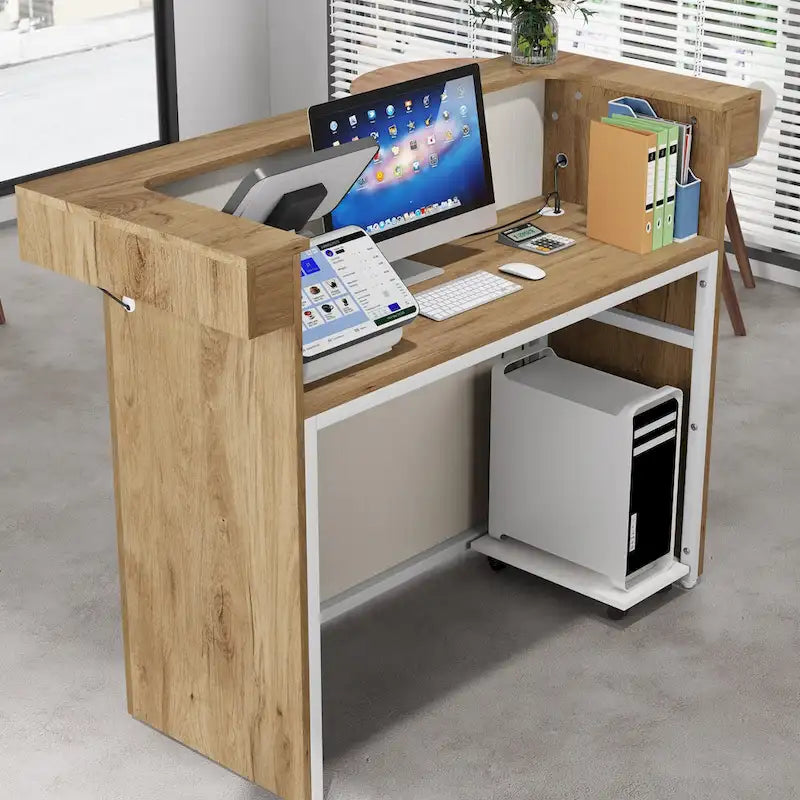 Comptoir d'accueil blanc moderne avec lumière LED et 2 passe-câbles, 1 personne