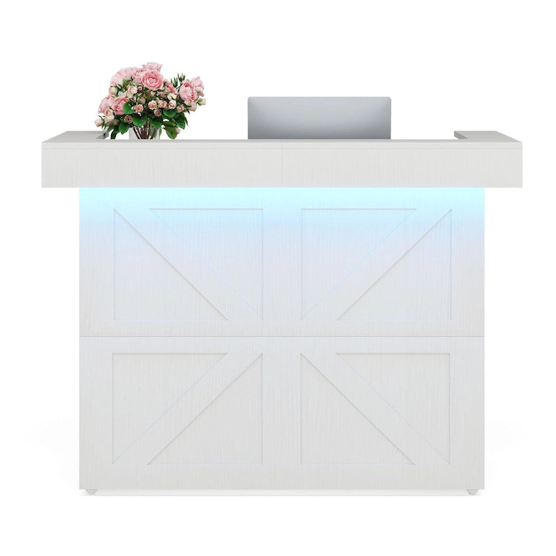 Comptoir d'accueil blanc moderne avec lumière LED et 2 passe-câbles, 1 personne