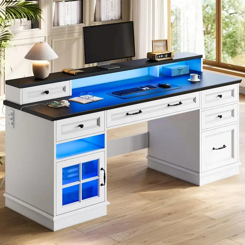 Bureau informatique individuel gris/blanc/noir avec tiroirs, meuble de rangement et lumières LED