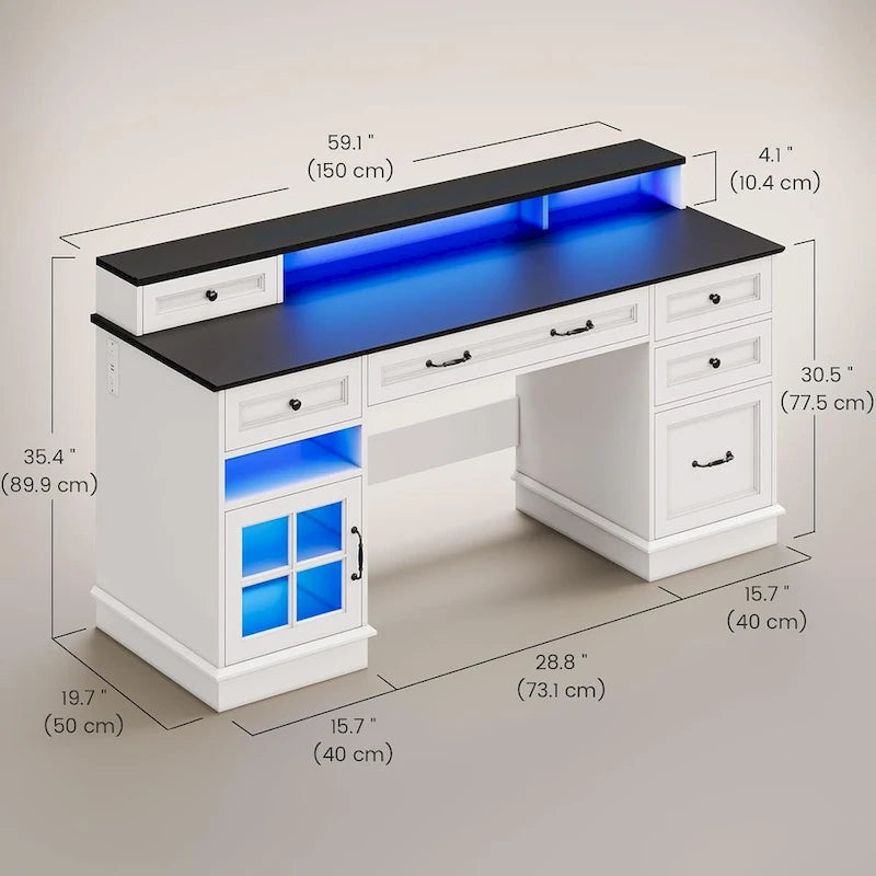 Bureau informatique individuel gris/blanc/noir avec tiroirs, meuble de rangement et lumières LED