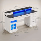 Bureau informatique individuel gris/blanc/noir avec tiroirs, meuble de rangement et lumières LED