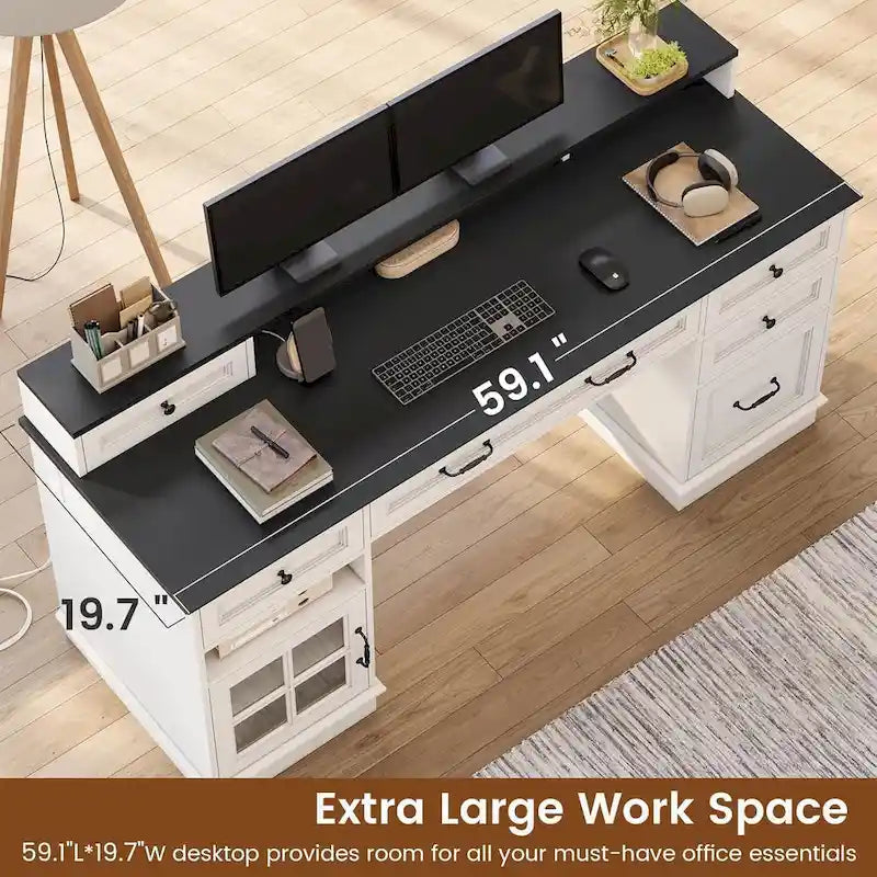 Bureau informatique individuel gris/blanc/noir avec tiroirs, meuble de rangement et lumières LED