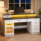 Bureau informatique individuel gris/blanc/noir avec tiroirs, meuble de rangement et lumières LED
