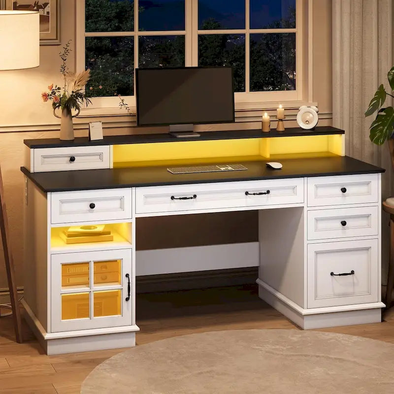 Bureau informatique individuel gris/blanc/noir avec tiroirs, meuble de rangement et lumières LED