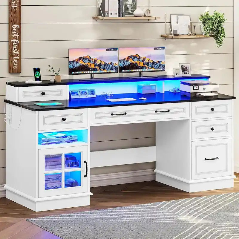 Bureau informatique individuel gris/blanc/noir avec tiroirs, meuble de rangement et lumières LED