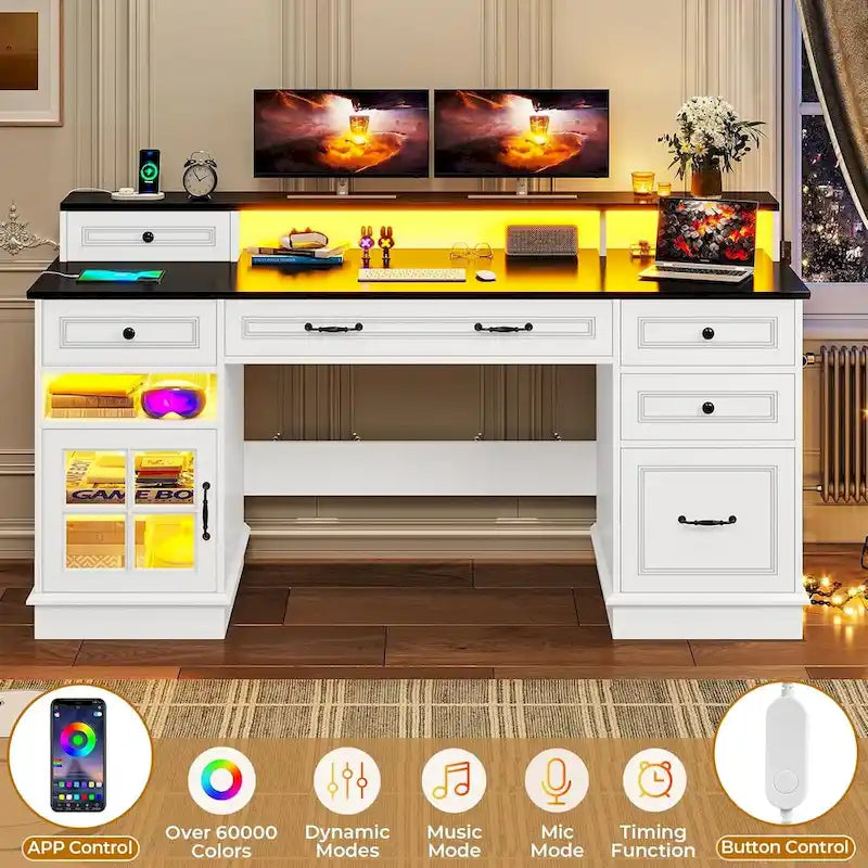 Bureau informatique individuel gris/blanc/noir avec tiroirs, meuble de rangement et lumières LED