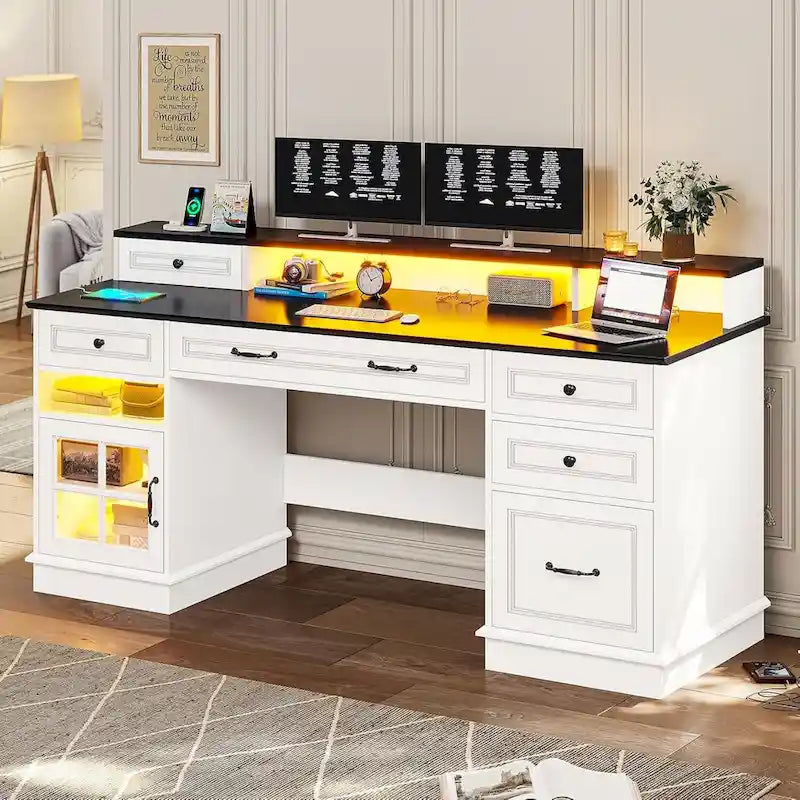 Bureau informatique individuel gris/blanc/noir avec tiroirs, meuble de rangement et lumières LED