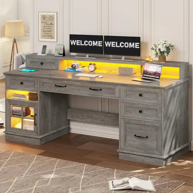 Bureau informatique individuel gris/blanc/noir avec tiroirs, meuble de rangement et lumières LED