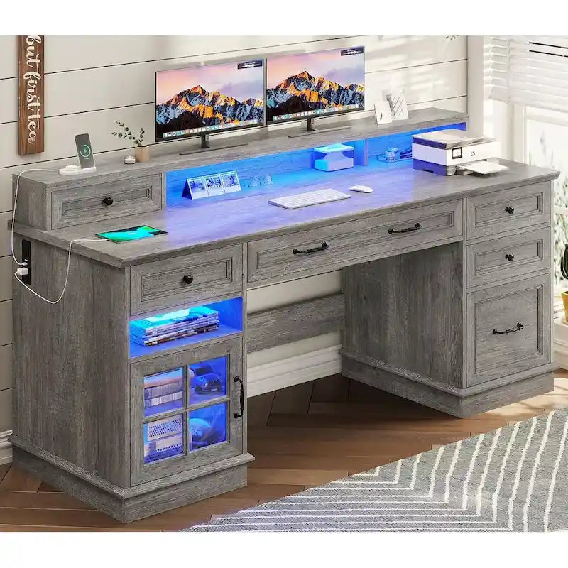 Bureau informatique individuel gris/blanc/noir avec tiroirs, meuble de rangement et lumières LED