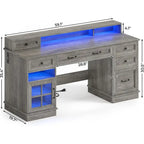 Bureau informatique individuel gris/blanc/noir avec tiroirs, meuble de rangement et lumières LED
