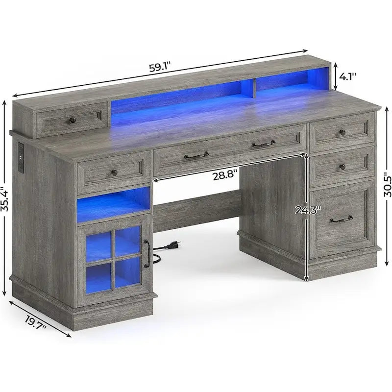 Bureau informatique individuel gris/blanc/noir avec tiroirs, meuble de rangement et lumières LED