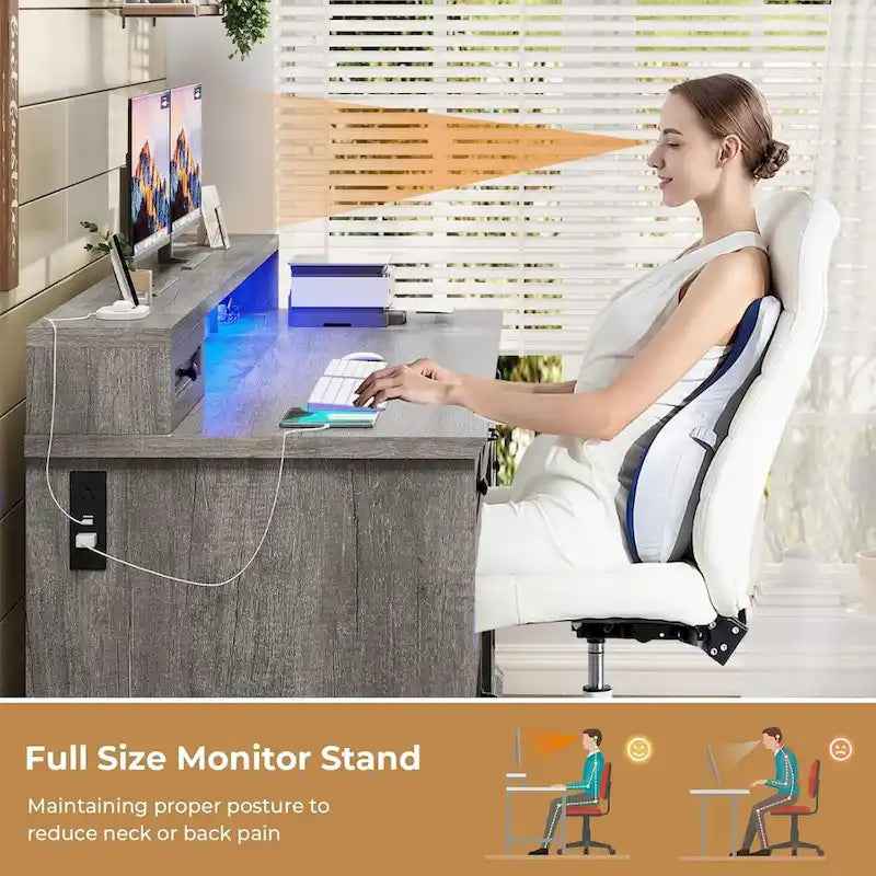 Bureau informatique individuel gris/blanc/noir avec tiroirs, meuble de rangement et lumières LED