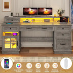 Bureau informatique individuel gris/blanc/noir avec tiroirs, meuble de rangement et lumières LED