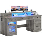 Bureau informatique individuel gris/blanc/noir avec tiroirs, meuble de rangement et lumières LED