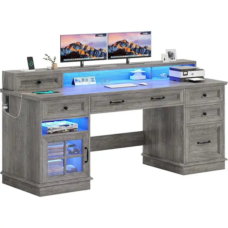 Bureau informatique individuel gris/blanc/noir avec tiroirs, meuble de rangement et lumières LED