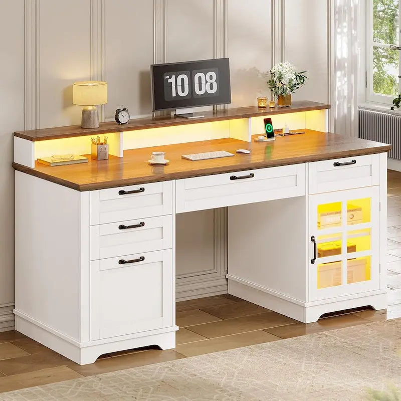 Bureau informatique individuel gris/blanc/noir avec tiroirs, meuble de rangement et lumières LED