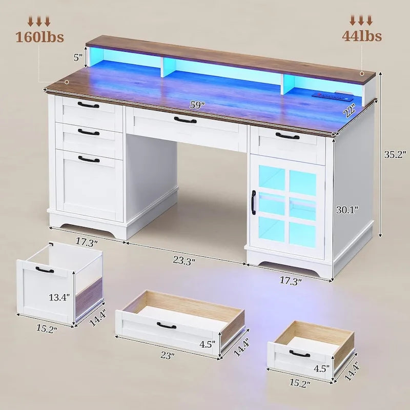 Bureau informatique individuel gris/blanc/noir avec tiroirs, meuble de rangement et lumières LED