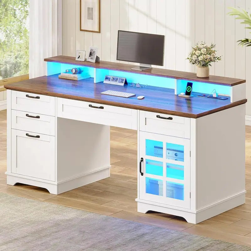 Bureau informatique individuel gris/blanc/noir avec tiroirs, meuble de rangement et lumières LED