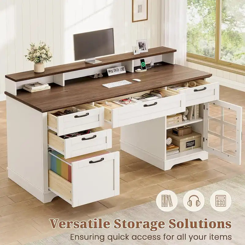 Bureau informatique individuel gris/blanc/noir avec tiroirs, meuble de rangement et lumières LED